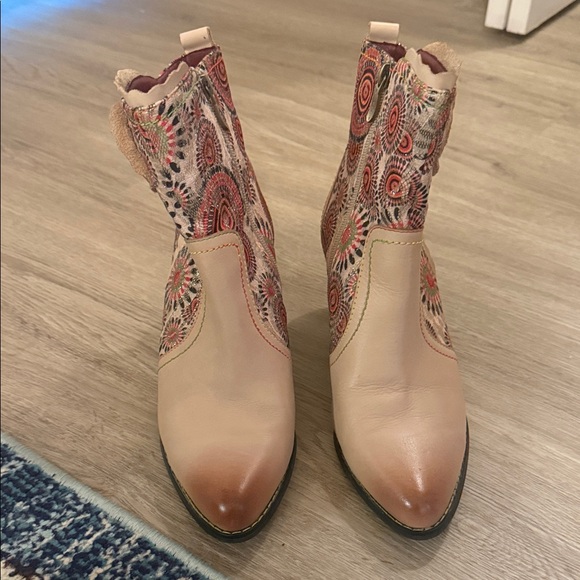 Floral Embroidered Heeled Boots in Beige and Pink - Picture 2 of 8